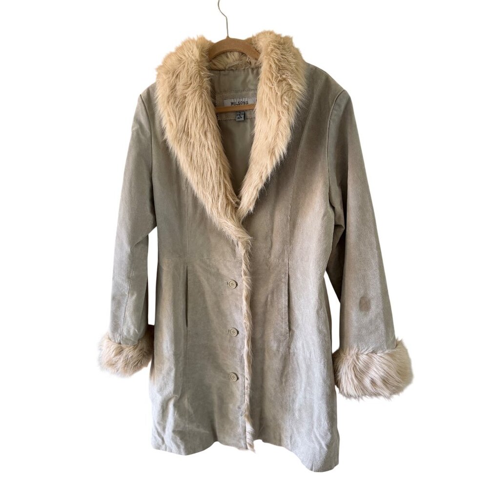 Wilson’s Maxima Womens Suede Penny Lane Coat Size XL Beige Faux fur Vintage Y2K